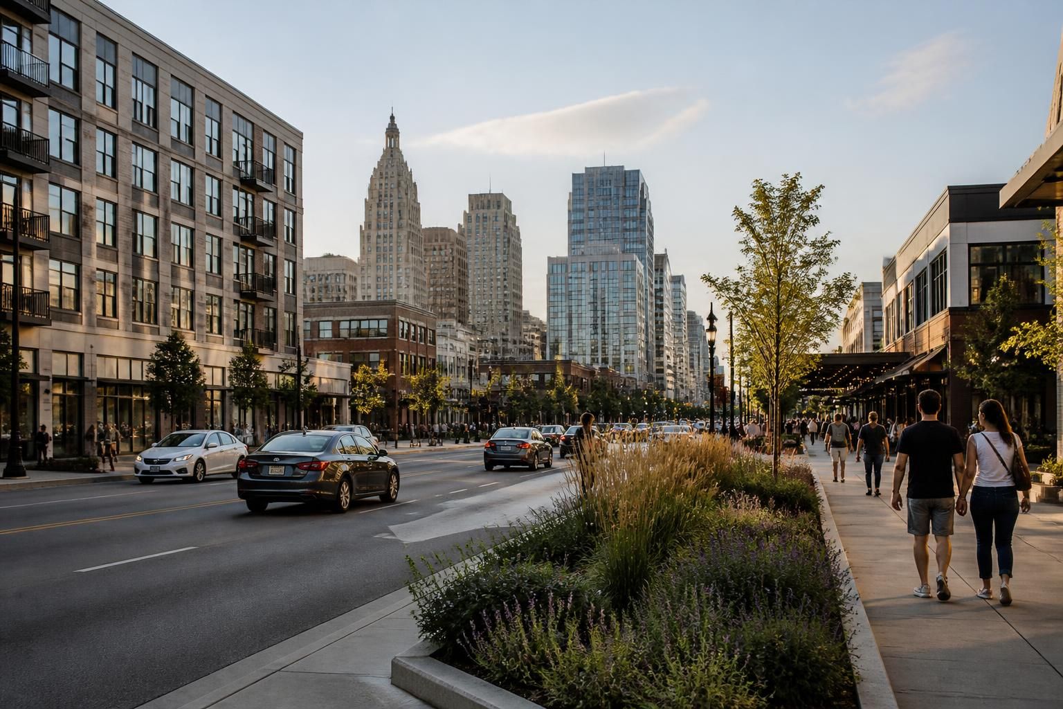 Urban district scene in Detroit, Michigan.