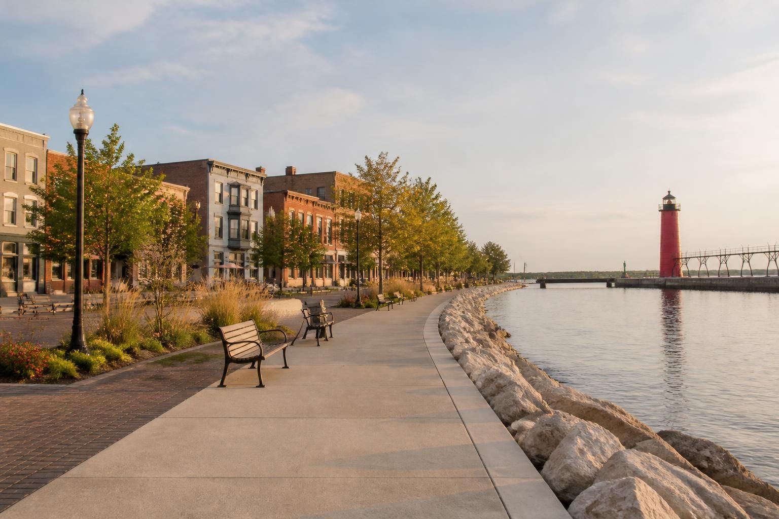 Waterfront and downtown scene in Grand Haven, Michigan.