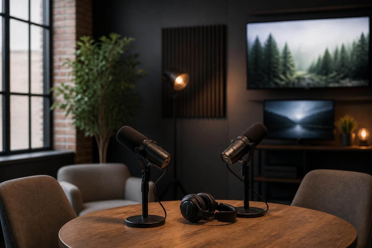 Modern podcast studio with video monitors and a clean recording setup.
