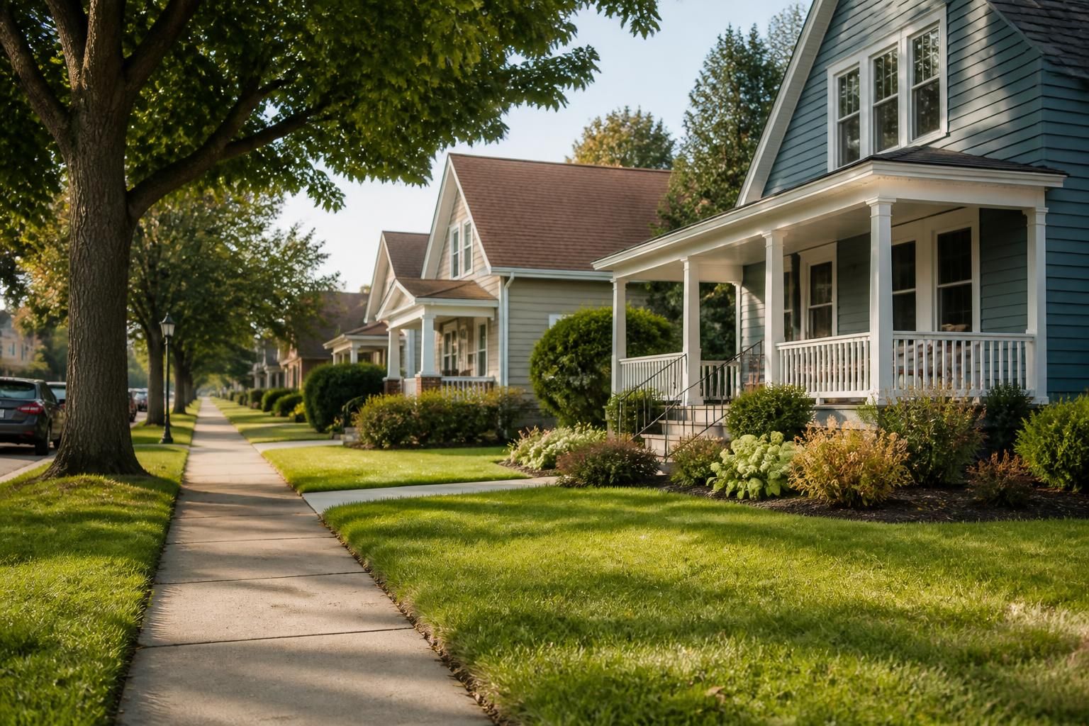 Well-kept neighborhood street in Muskegon Heights, Michigan.
