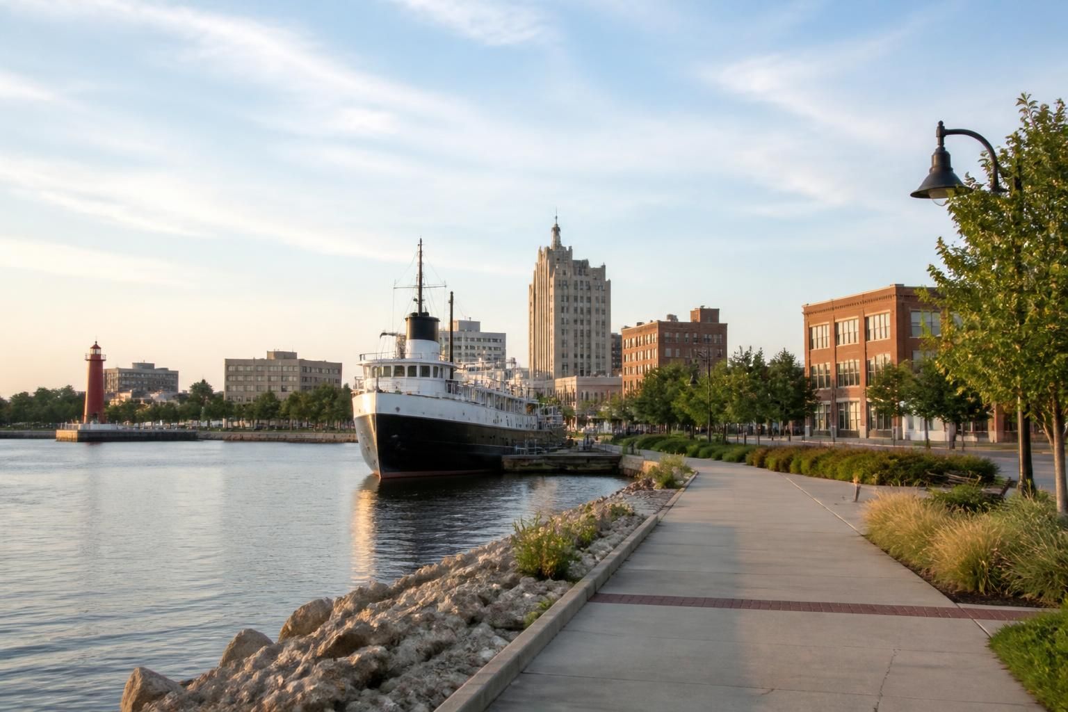 Calm harbor and downtown scene in Muskegon, Michigan.