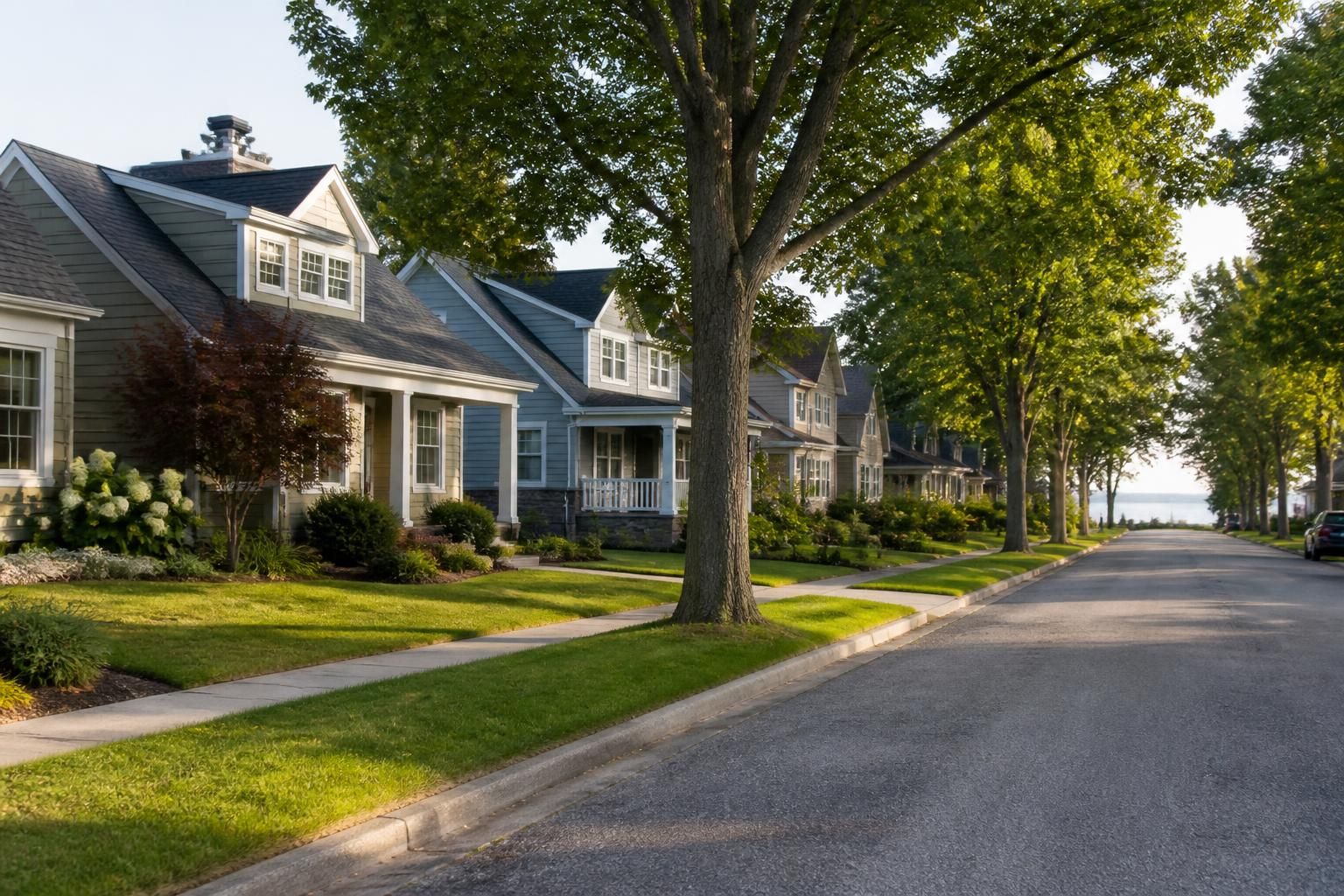 Tree-lined residential street in Norton Shores, Michigan.