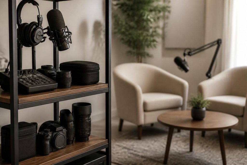 Audio and camera equipment arranged beside a finished podcast studio.