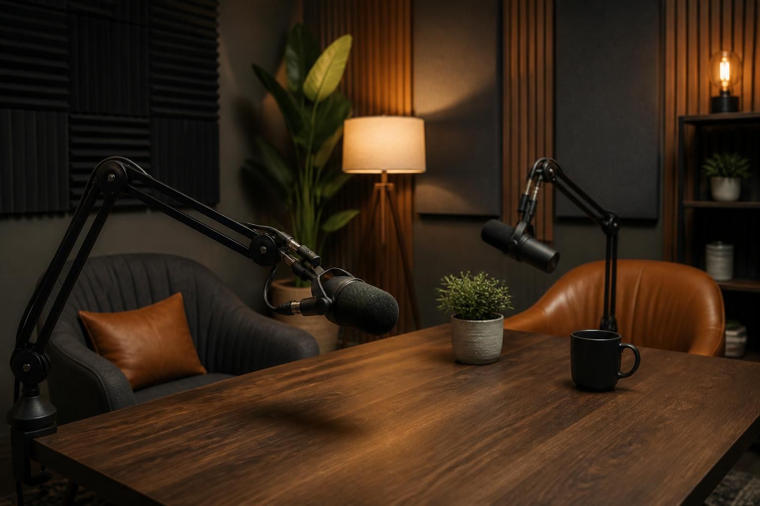 Finished podcast studio with microphones and acoustic panels.