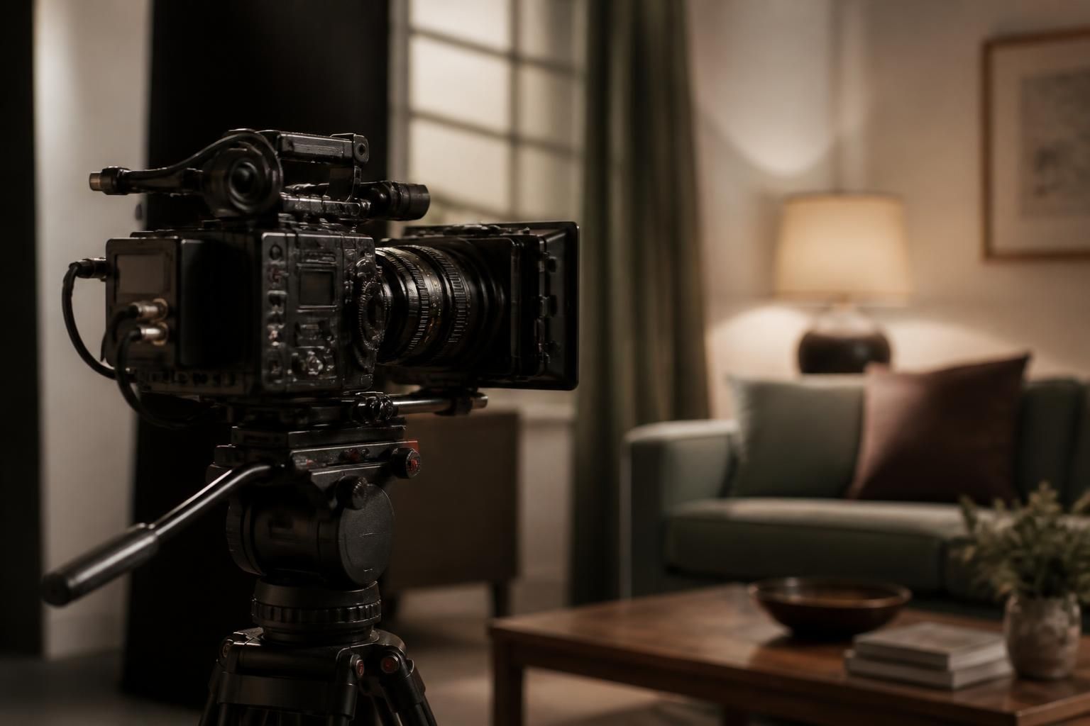 Cinema camera on a tripod beside a softly lit finished set.