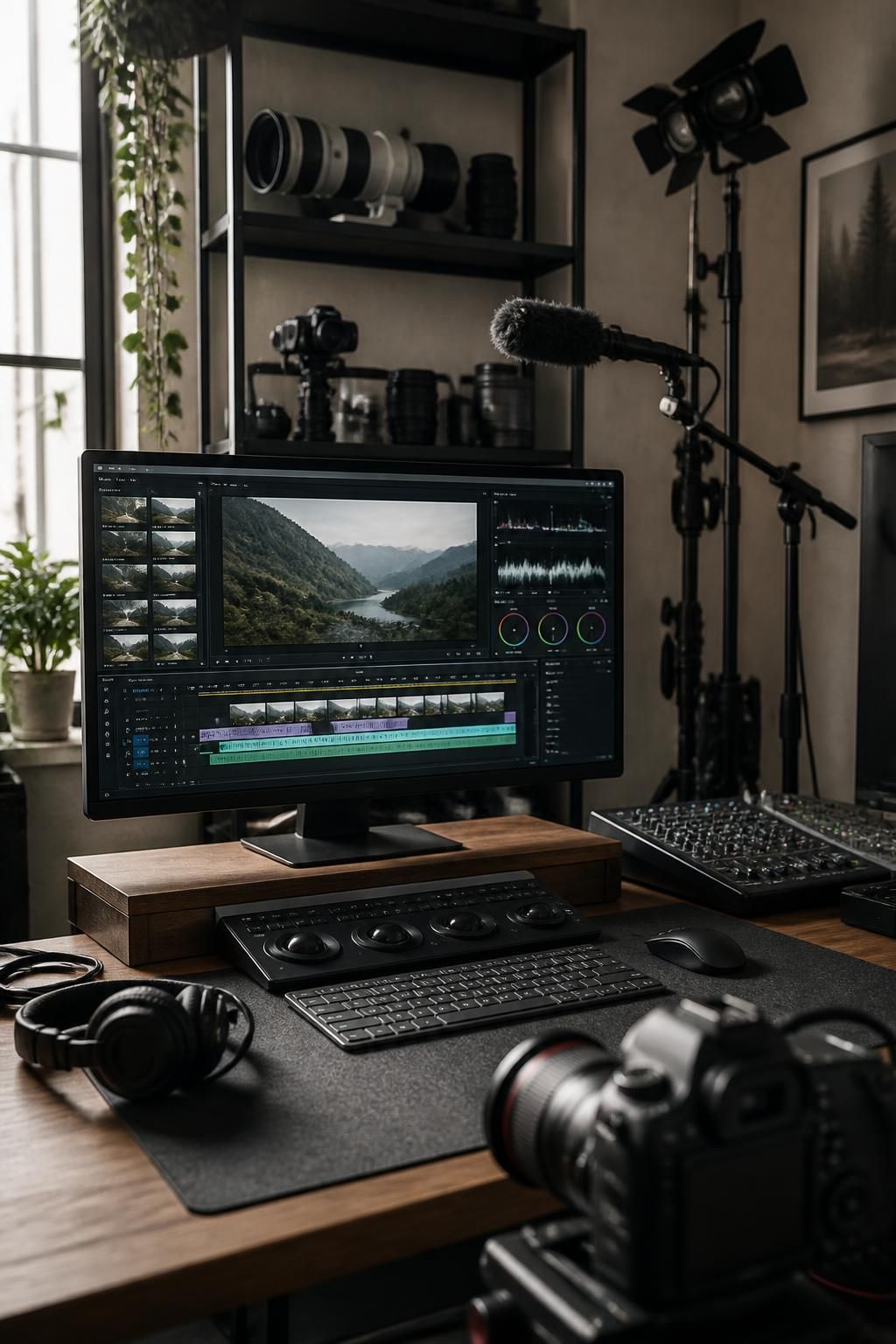 Neatly arranged production gear beside a polished editing workspace.